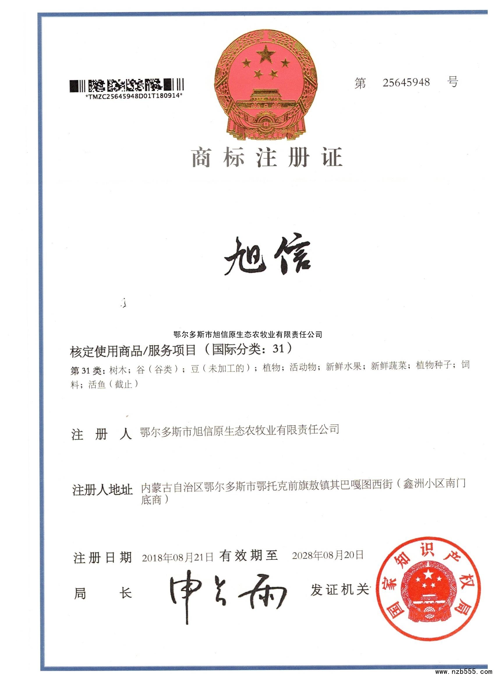 商标注册证 旭信 第31类