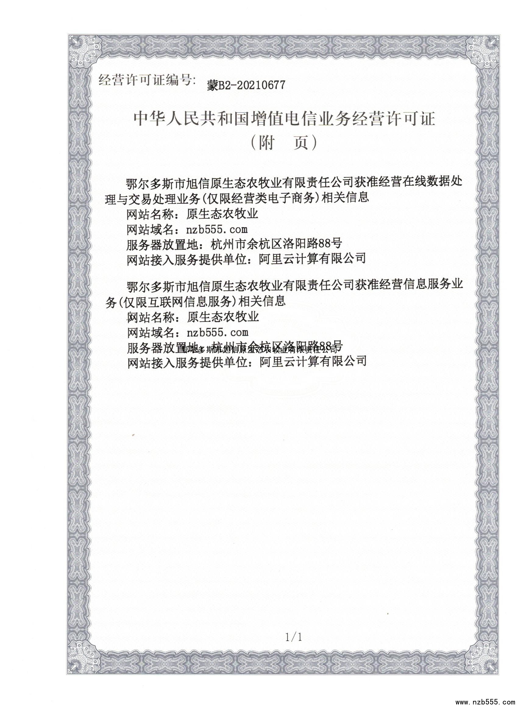 中华人民共和国增值电信业务经营许可证（附页）